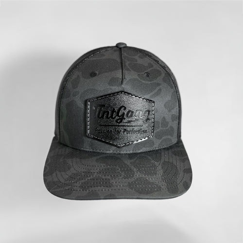 Tint Gang Camo Black Leather Patch Trucker Hat